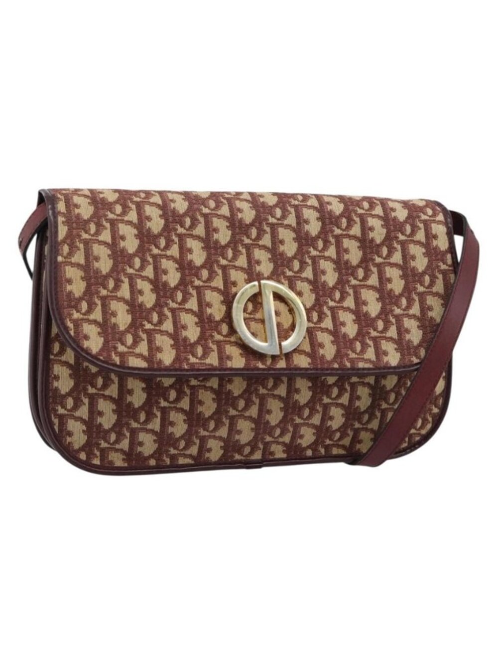 Authentic Christian Dior Trotter Canvas Shoulder Bag Red Gold
